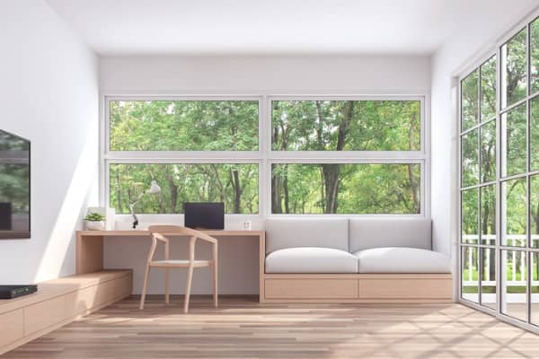 A living room with large, energy-efficient windows