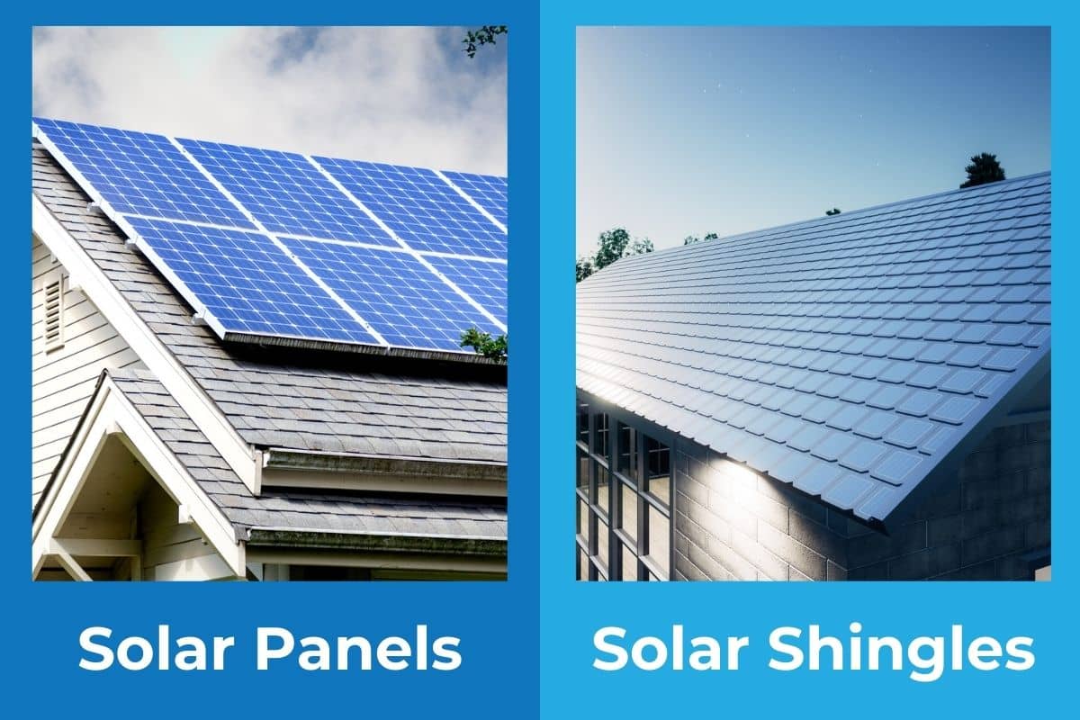 A roof with solar panels compared to a roof with solar shingles